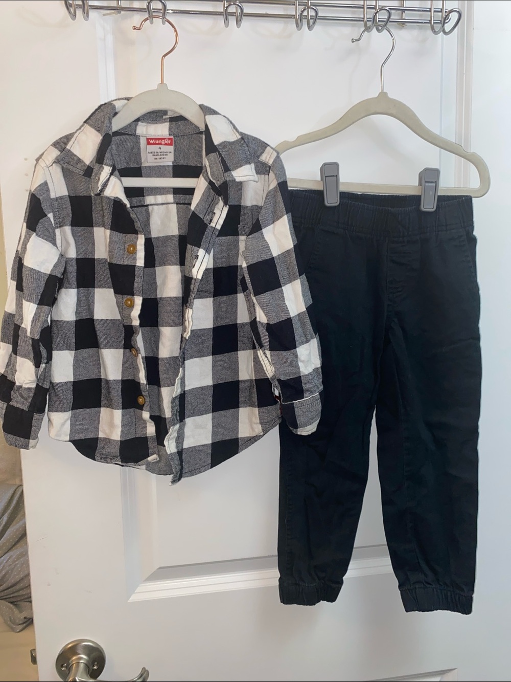 Wrangler Black and White Buffalo Plaid Shirt with Black Pants